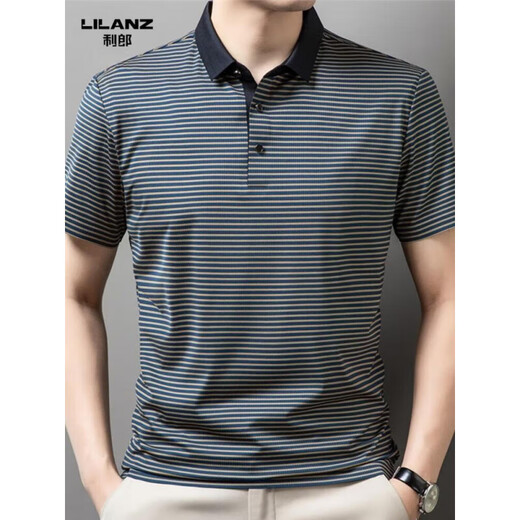 
Lilang men's lapel short-sleeved T-shirt summer striped young and middle-aged business casual POLO shirt ice-sensing breathable top Navy blue 13691 S 165