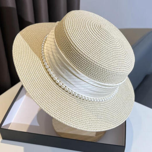 
Jin[Jin equals 0.5 kg] Mufan style flat top straw hat big head circumference summer pearl top hat straw woven beach vacation sun protection sun hat women pearl silk straw hat [bee]