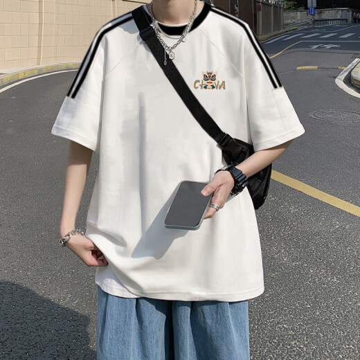 以纯 YISHION美式复古短袖T恤男夏季2025新款宽松设计感小众日系ins潮牌上衣服 【3895*Wasp】白色 M 85-120斤