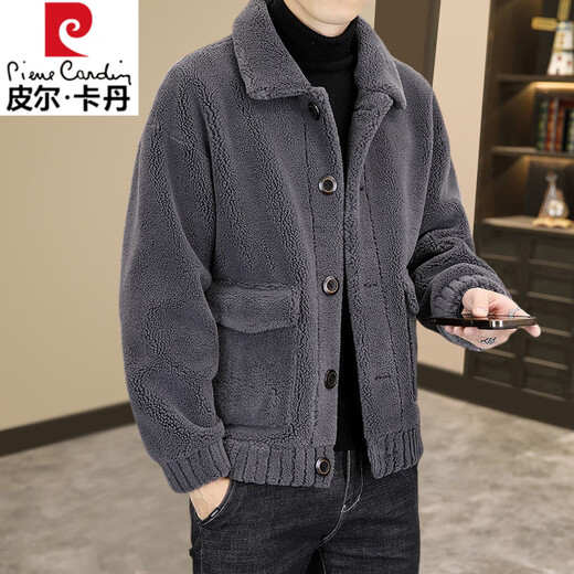Pierre Cardin Reversible Wool Jacket Men's Autumn and Winter New Fur Jacket Men's Grain Sheep Shear Fur One-piece Men's Lapel Ribbed L 175/92A 120-135Jin Jin is equal to 0.5 kg