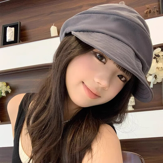 Yuna Japanese simple solid color beret hat for women summer thin literary retro painter hat temperament breathable newsboy octagonal hat gray one size