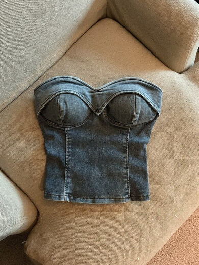 Banfishi Fashion Hot Girl Retro Color Denim Tube Top Women Summer 2023 New Sweet Cool Versatile One-shoulder Navel Short Top Black S