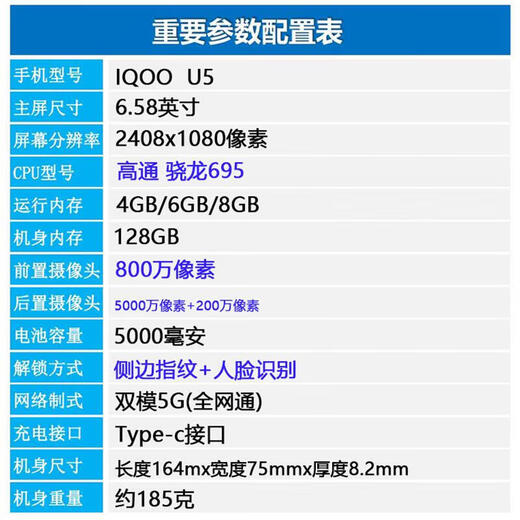 vivoiQOO U5 5G手机高通 骁龙695处理器6.58英寸屏幕尺寸120Hz屏幕刷 幻蓝色 【套餐一】 4+128GB