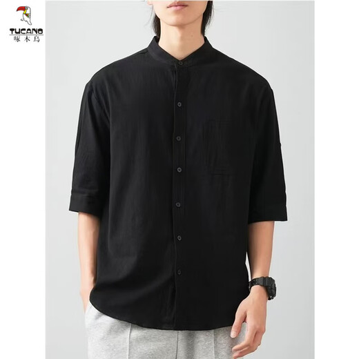 Woodpecker (TUCANO) men's stand-collar white short-sleeved shirt men's Japanese round neck three-quarter sleeve T-shirt Henry collar textured shirt C1020-white-three-quarter sleeve M 60-90Jin Jin equals 0.5 kg