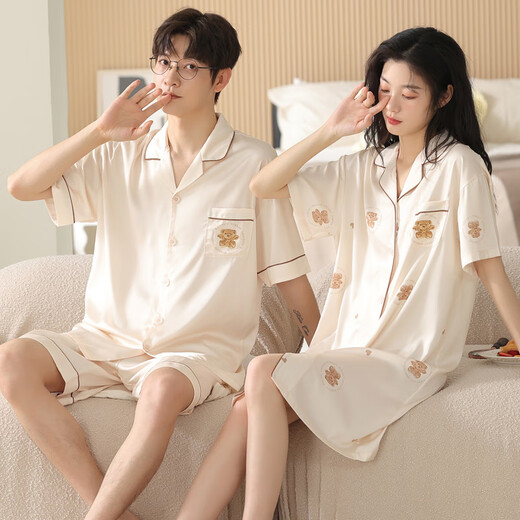 
Yalu couple pajamas summer thin ice silk 2025 new cardigan short-sleeved home clothing sense men's large-size suit L6210 ice silk skirt cover 2XL women + men's XL
