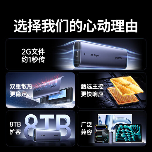 绿联 M.2 NVMe/SATA双协议移动硬盘盒20Gbps Type-C/USB3.2双线外接SSD固态外置硬盘盒