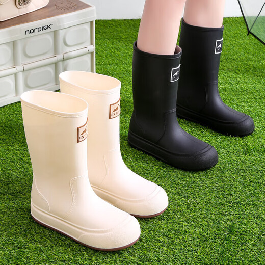 Mode Regenstiefel für Frauen mit mittlerer Röhre nicht rutschfeste wasserdichte Schuhe plus samtrische Regenstiefel Küche Arbeit vier Saison Gummischuhe überschuht Wasserstiefel weiß [flüdlos] 38