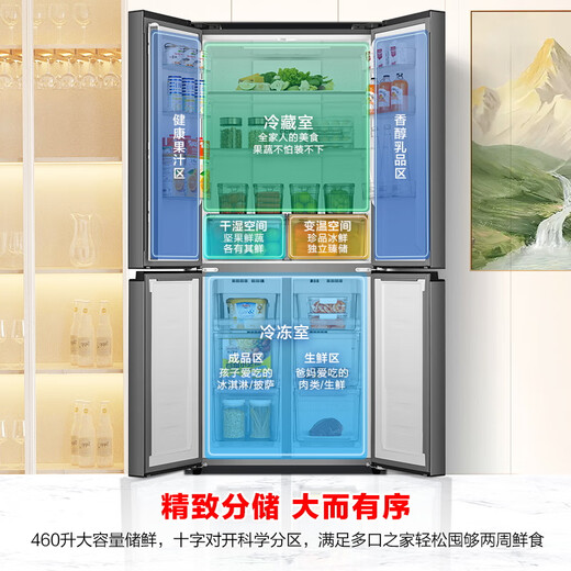 Rongsheng 460-liter cross-fold double-open four-door refrigerator household first-class energy efficiency air-cooled frost-free frequency conversion energy-saving ultra-thin large capacity BCD-460WD12FPA national subsidy