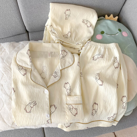 Ji Yafu Crayon Xiaoxin Summer Three-Piece Set Pajamas Women's Short Sleeve Long Trousers Thin Ins Style Summer Cotton Yarn Home Clothing Yunduo Cotton-J9901# Paradise Puppy Three-Piece Set L [Suggested 100-120Jin [Jin equals 0.5 kg]]