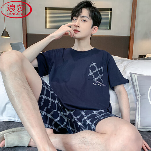 浪莎（LangSha）夏季男士睡衣棉质加肥加大码棉男夏家居服短袖青年韩版薄款半袖 9929#【短袖短裤】 L 【推荐90-125斤】