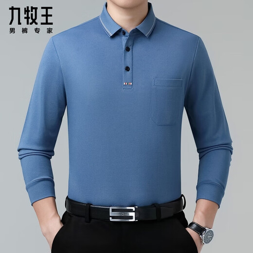 九牧王（JOEONE）男装2025新款春秋长袖t恤纯棉中年休闲爸爸翻领Polo衫纯色 9887#湖绿 S  165/84A体重95-105斤