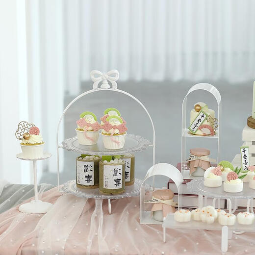 三栖虎白色韩式合集架 亚克力托盘   婚庆甜品台架 聚会茶歇甜品架 白色4881-三件套不含罩子