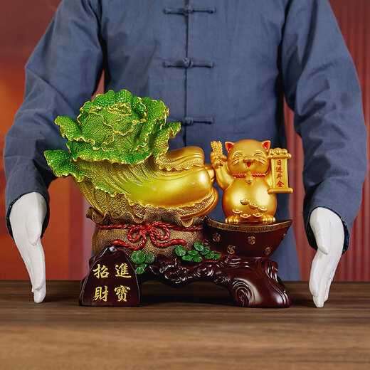 铜雀天骄玉白菜招财猫开业摆件公司新店饭店开业大吉高档礼品生意兴隆礼物 尺寸约39*19*34cm