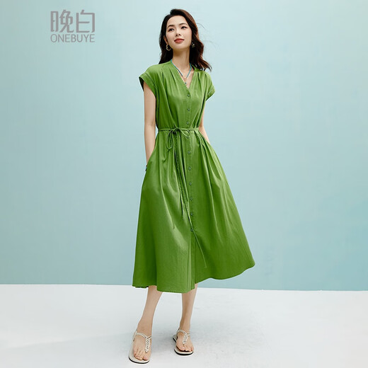 晚白2025年夏款时尚简约气质显瘦遮肉裙子休闲纯色亲肤显白无袖连衣裙 绿色 L