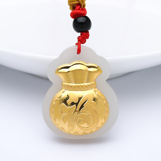 KZD Old Phoenix pure gold blessing bag pendant gold inlaid jade jade hand-woven red rope small money bag pendant necklace inlaid hanging jade big blessing bag + rope