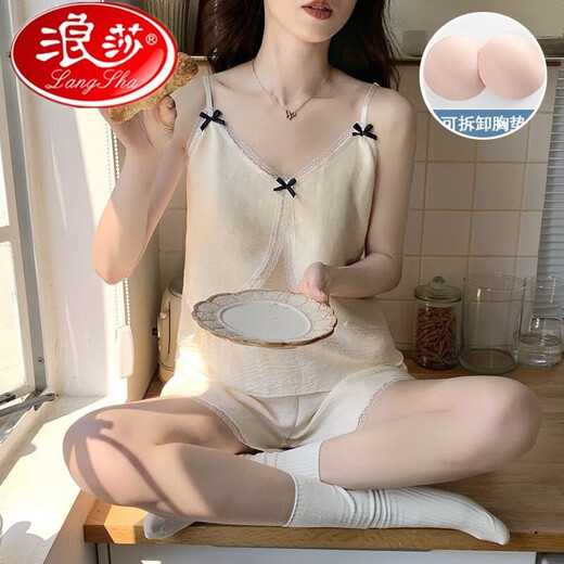 浪莎夏季新款网红爆款睡衣夏天女带胸垫蕾丝花边蝴蝶结吊带短裤家居服 带胸垫967杏色 M80-100斤 均码