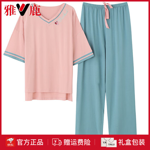Yalu Pajamas para mujeres en verano 2025 Nuevo algodón puro algodón delgada de la casa de algodón suelto pantalones de manga corta Ajustos casuales Fentenkoan 7374 M [recomendado 80-105Jin [Jin es igual a 0,5 kg]]]