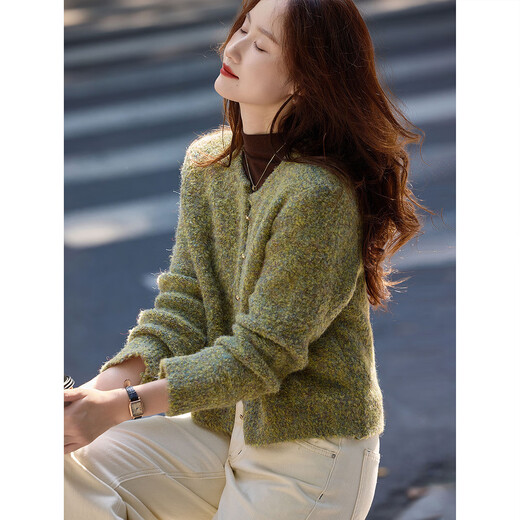 Awakening paradise, lazy variegated brushed winter fashion short knitted sweater cardigan for small people, dark green, one size fits all