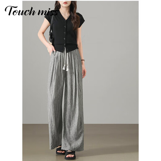 Tachimis TOUCH MISS light luxury lazy wide-leg pants for women 2025 summer loose and thin casual pants gray hemp tie-dye pants for women gray brown S