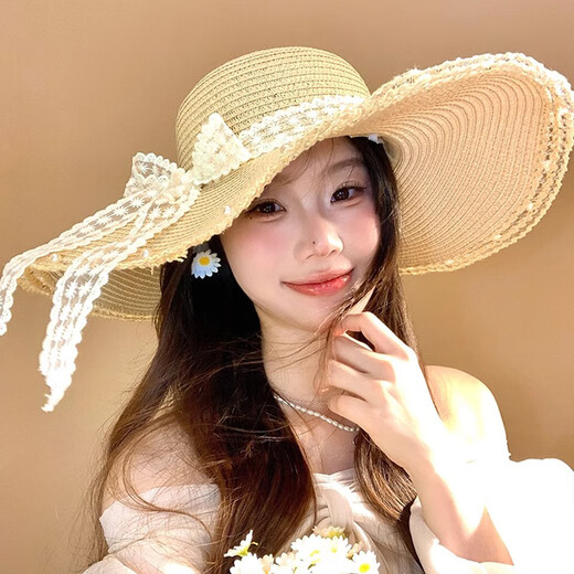 逸兼法式蕾丝蝴蝶结草帽女夏季度假风大帽檐遮阳帽海边沙滩太阳帽 平檐遮阳帽【棉纱边钉珠-米色】