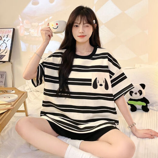 趣依瑶线条小狗短袖睡衣女夏加肥加大码少女可爱卡通圆领家居服套装便宜 693黑笑脸【单套】 M 码建议【7095斤】