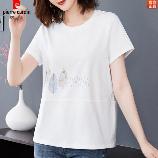 皮尔卡丹（pierre cardin）加肥加大码短袖t恤女士夏薄款棉宽松中年妈妈棉汗衫白色上衣 黑色KSP-9892款 L 适合100-120斤