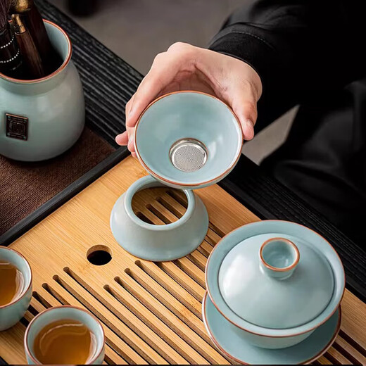 Ru kiln Kung Fu tea set high-end tea making azure teapot tea cup home office tea making 12-head azure Ru kiln Xishi teapot + tea tray