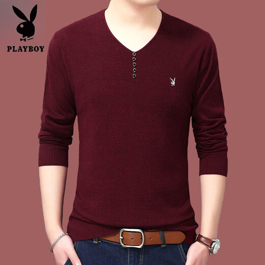 Playboy brand Men's long-sleeved T-shirt 2025 spring and autumn new V-neck solid color high-end casual, non-scalding anti-wrinkle base shirt 1518 black 2XL 180 (recommended 150-165Jin [Jin equals 0.5 kg])