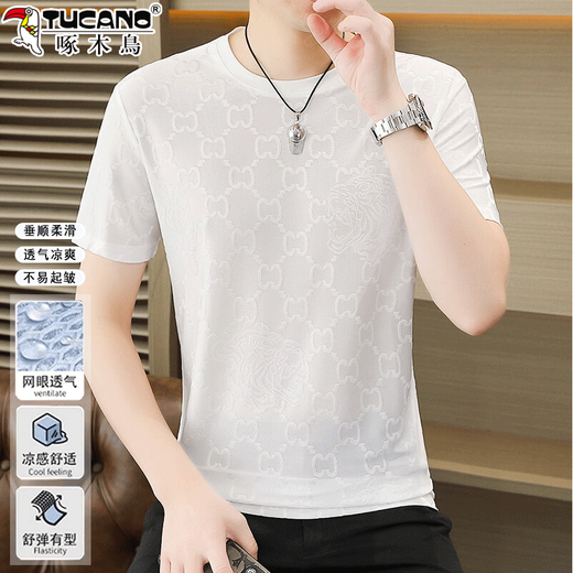 Woodpecker high-end ice silk short-sleeved T-shirt for men 2025 new summer thin T-shirt trendy men's half-sleeved top Q6629 Gray Ice Silk Style M Recommended 80-100Jin Jin is equal to 0.5 kg