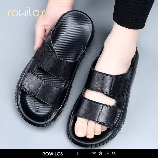 rowilcs品牌夏季拖鞋男休闲一字拖男士沙滩鞋户外百搭凉鞋黑色牛皮凉拖男 黑色【FBL0331】 38
