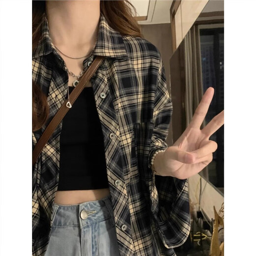 Retro plaid shirt for women in summer 2025 new shirt design thin style with top coat for women Navy blue M Recommended 95-110Jin [Jin equals 0.5 kg]
