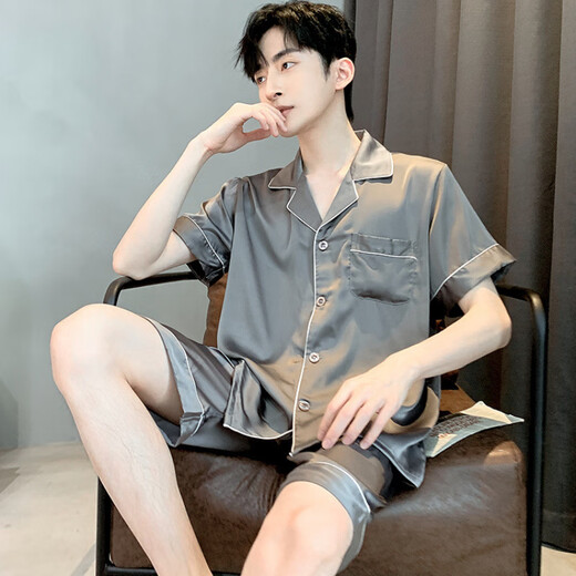 Opeodly Herren Pyjamas Sommer 2025 Neue Eisseide kurzärmelige Hose Sommer Emulation Seiden Dünne Jungen Home Kleidung Set 854# ICE Seidenmänner l Größe 90-120jin [Jin gleich 0,5 kg]