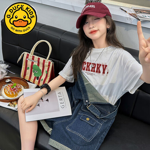 
G.DUCKKIDS girls overalls summer suit 2025 new fashionable and fashionable children's short-sleeved medium-large children's summer denim shorts white short-sleeved + denim shorts two-piece set 170 cm