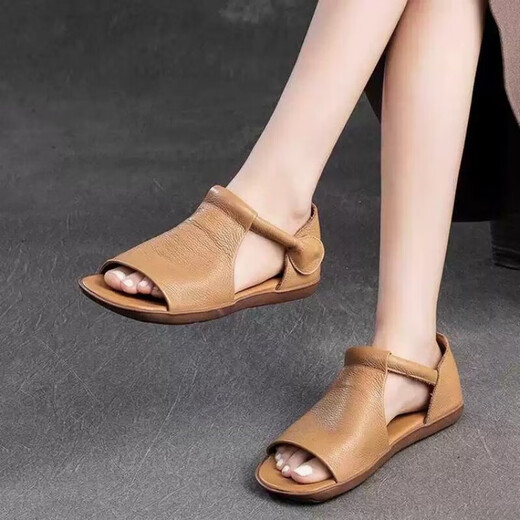 Echtes weiches Leder 2025 Sommer neuer Retro -Fischmund flacher Sohle vielseitiger Römische Sandalen weiche Sohle lässige und komfortable Sandalen für Frauen Khaki 37