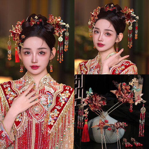 
Pang Donglai Quality Bride Xiuhe Headdress New Chinese Style 2025 New Style Antique Hair Clothing Wedding Dress Accessories Yongjie Tongxin Headdress Set (Ear Clip)