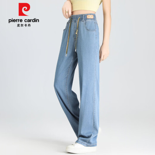 皮尔卡丹（pierre cardin）天丝松紧腰直筒牛仔裤女2025年夏季新款宽松显瘦小个子冰丝阔腿裤 浅蓝色-九分【9755款】 26 1尺9建议80-90斤