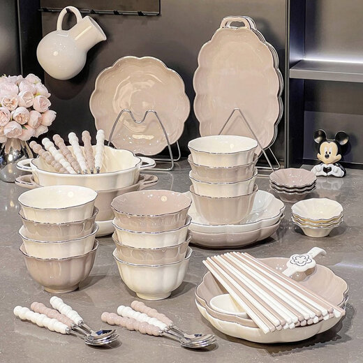Beibao Jiaogan bowl and dish set household ceramic plate underglaze colored tableware bowl plate light luxury rice bowl bowl utensil gold pattern 4-6 people food gift box 1355 0 heads