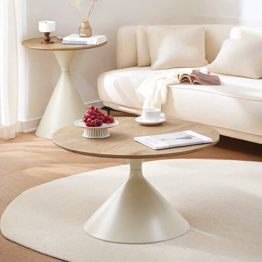 Cream style solid wood tea house minimalist living room small apartment modern simple high-end round movable side table large white and small black 50+70 combination thickened quality