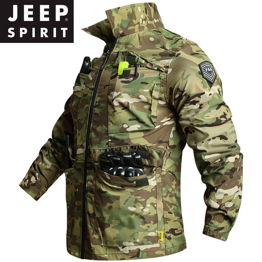 JEEP SPIRIT camouflage suit quick-drying suit men's summer thin style thin grid wear-resistant breathable work clothes for work outdoor work 723 summer [black camouflage] suit (button style) 185/3XL [160-180Jin [Jin equals 0.5 kg]]