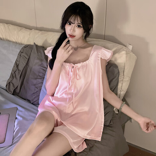 Xiwangchun Fengfei Pajamas de manga de Feifeng para mujeres con almohadillas de pecho 2025 Nuevo chaleco sexy set de verano ropa delgada para el hogar 9227fe arco sólido rosa rosa almohadillas de pecho fijo xl