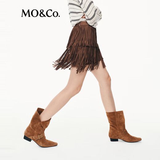 
MO/Co. Short Skirt 2025 Autumn New Product Bohemian Brown Velvet High Waist Tassel Cake Skirt Skirt MBE3SKT041 Dark Brown M