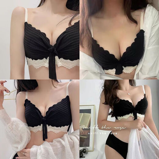 维多利亚的格调女士加厚内衣女小胸聚拢无钢圈舒适bra收副乳防下垂少女文胸套装 黑色【套装】 70A 32