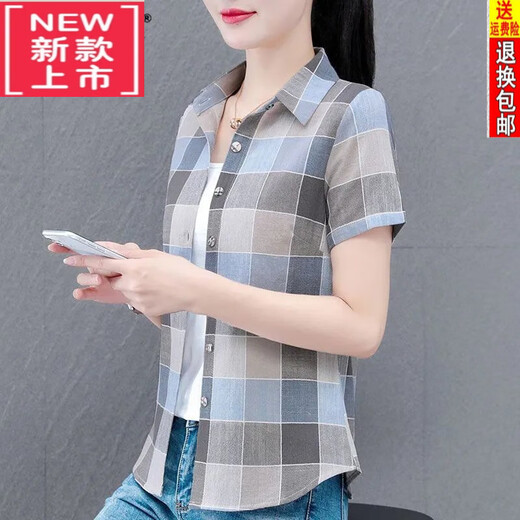 恒源祥纯棉格子衬衫女短袖夏季新款气质衬衣妈妈洋气显瘦外穿上衣 WJG 9202 粉红短袖 M 建议95-105斤