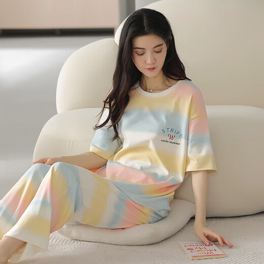 
Pure cotton pajamas for women in summer short-sleeved trousers set 2025 new Korean version of cute summer cartoon casual season home clothing 9711 L [100-120Jin [Jin equals 0.5 kg]]