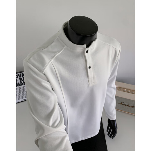 Sheman Lai Henry collar right shoulder long sleeve t-shirt for men spring and autumn splicing deconstructed casual polo shirt casual heavyweight sweatshirt for men white gray XL