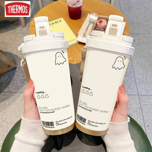 膳魔师（THERMOS）可爱幽灵保温杯高颜值学生不锈钢便携新款双饮咖啡男女吸管水杯子 BXAB13803幽灵+配挂绳 陶瓷内胆
