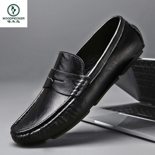 Specht echtes Leder -Herren -Slipper Sommer Mützenschuhe junge Leute lässige Lederschuhe mit einem Fuß und einen kleinen Lederschuhe trendy Schwarz - Hollow - 9901 38 Standard Lederschuhgröße