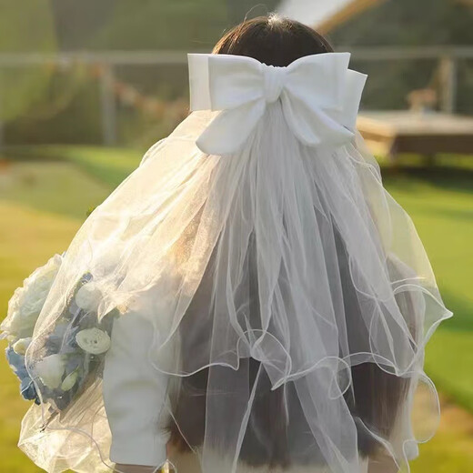 Jingli Jingda Bailu same style high-end fluffy gauze bridal veil female super fairy certificate registration photo bow bow proposal headdress white veil hairpin style