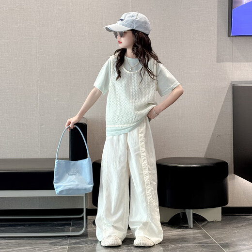 MOKITOUL女童夏季套装2025新款儿童夏季薄款镂空短袖T恤大童阔腿裤三件套 浅黄色t+马甲（高端礼盒包装） 50 cm3 1
