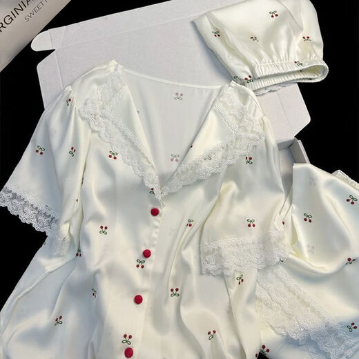 UKUHPKins小樱桃蕾丝边睡衣女夏季三件套短袖短裤长裤家居服薄 LW-9214【短袖短裤】 XL 【建议120-135斤】